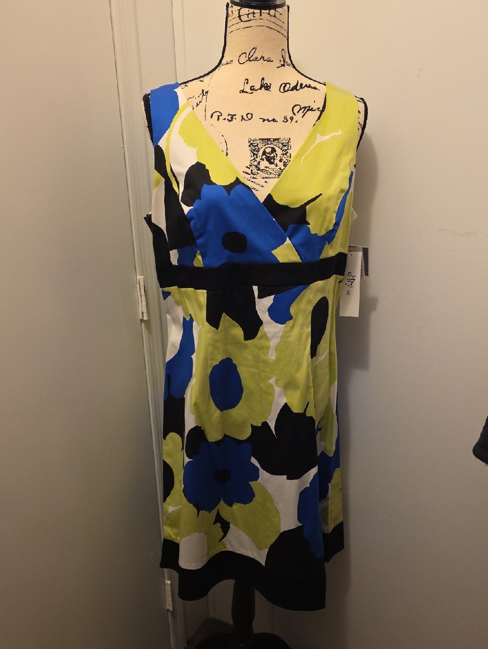 Sleeveless V-Neck Midi Dress in Blue and Lime